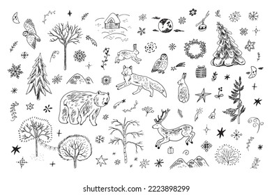 Christmas winter forest vector line illustrations set.