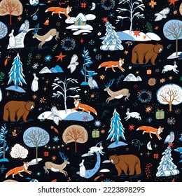 Christmas winter forest vector seamless pattern.