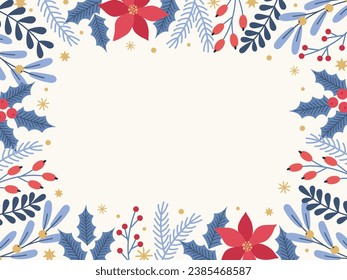 Weihnachtswinterrahmen mit handgezeichneten Weihnachtsbaumzweigen, Poinsettia, Beeren, Heiligen, Schneeflocken. Feiertags saisonaler Hintergrund mit Blumendekoration. Vektorgrafik.