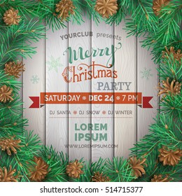 Christmas winter frame on light wooden background. Pine branches and cones. High detailed vector illustration. Merry Christmas Party template.