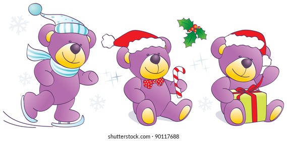 Christmas, winter funny Teddy bears with skates, candy, present. Vector illustration