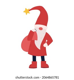 Christmas winter gnome pulls a bag with gifts. Santa Claus. helper santa. christmas illustration. vector colorful illustration isolated on white background.