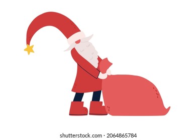 El gnomo de invierno de Navidad tira una bolsa con regalos. Santa Claus. helper santa. ilustración de navidad. ilustración de color vectorial aislada en fondo blanco.