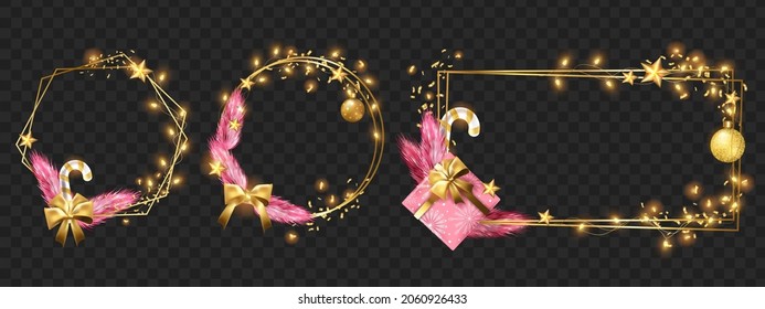 Christmas winter gold frame set, vector holiday winter x-mas design border, light garland, star, confetti. Luxury festive photo frame kit, New Year greeting decoration ball, pink fir. Christmas wreath