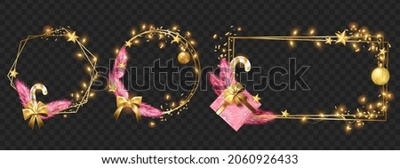 Christmas winter gold frame set, vector holiday winter x-mas design border, light garland, star, confetti. Luxury festive photo frame kit, New Year greeting decoration ball, pink fir. Christmas wreath