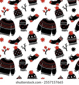 Christmas and Winter Hand Drawing Seamless Pattern. Winter Holiday Design. Illustration with Knitted Mittens and Gloves, Cap Hat with Pom Pom, Socks, Sweater. Black and White.