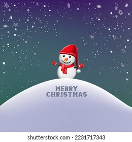Christmas winter hill snowfall and snowman on dark sky background. Holiday card decoration landscape