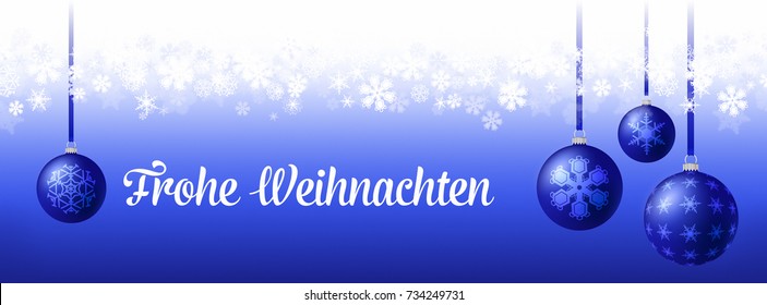 Christmas Winter Holiday Banner with elegant Baubles ornaments and Snowflakes: German Text Frohe Weihnachten: Happy Christmas