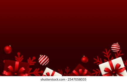 Christmas and winter holiday banner. Christmas ornaments and gift on red background. Vector illustration