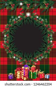 Christmas Winter Holiday card rustic pinecone, berries, Christmas fir tree wreath garland, Santa gifts symbols Decoration plaid Scotland paper blank background, checkered red, green pattern Template
