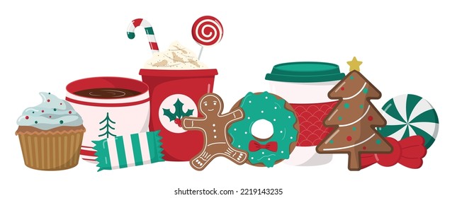 Christmas winter holiday clipart with hot seasonal drinks and tasty homemade cookies, donuts, and candies. Isolated on white background. Design for poster or banner.