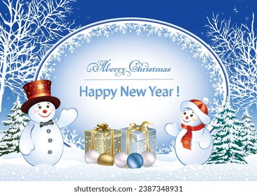 Weihnachtsferien-Komposition. Festlicher Hintergrund realistische 3D-Dekorationsobjekte, lustige Schneemänner, Geschenkbox, Schneebäume. Frohes neues Jahr. Vektorgrafik. Urlaubsbanner, Webposter