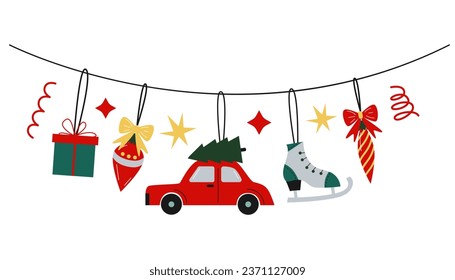 Christmas and winter holiday decoration garland.  Santa, Christmas tree, toys, bell, reindeer. Vector flat illustration