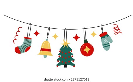  Christmas and winter holiday decoration garland.  Santa, Christmas tree, toys, bell, reindeer. Vector flat illustration