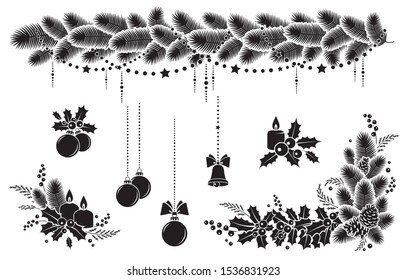 Christmas winter holiday decoration. Set elements. Christmas wreath, garland, candles and bell. Design  festive poster, greeting cards, invitations. Isolated black silhouette. Vector illustration