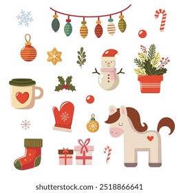 Christmas and winter holiday elements featuring gifts, snowman, ornaments, and festive icons