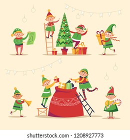 Christmas winter holiday, elves getting ready for holiday