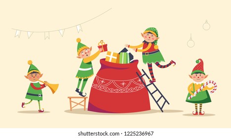 Christmas winter holiday, elves getting ready for holiday vector. Children, santa claus helpers gathering presents into sack and decorating evergreen pine tree. Gifts with wrapped paper and ribbons