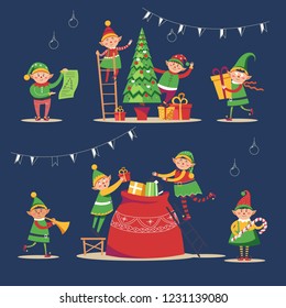 Christmas winter holiday, elves getting ready for holiday vector. Children, santa claus helpers gathering presents into sack and decorating evergreen pine tree. Gifts with wrapped paper and ribbons