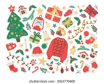 Christmas winter holiday festive decorations. Xmas and New Year fir tree toys, cookies and gifts boxes isolated vector illustration set. Winter season cozy symbols