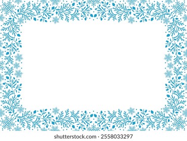 Christmas Winter holiday frame with Christmas tree branches, leaves, berries, snowflakes. Elegant flat design elements in retro style. Christmas background with blue frame. Vector botanical pattern
