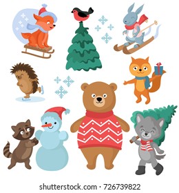 Christmas and winter holiday funny animals vector collection. Christmas animal and snowman illustration