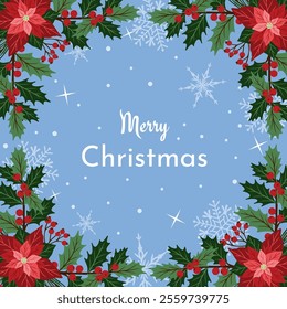 Christmas winter holiday greeting card with floral decoration. Vector illustration in hand drawn flat style