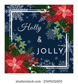 Christmas winter holiday greeting card with floral decoration. Vector illustration in hand drawn flat style