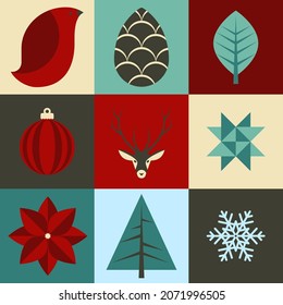 Christmas or winter holiday icon set in green, red, cream and ice blue palette.