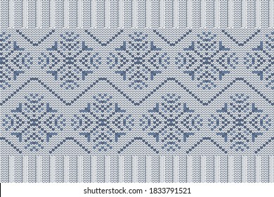 Christmas and Winter holiday knitting pattern for plaid, sweater design. Seamless pattern in blue, white colors with snowflakes and elastic band.  Plain and ribbed knitting.