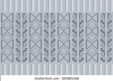 Patrón de tejido de vacaciones navideñas e invernales para el diseño de yeso y suéter. Patrón vectorial sin fisuras en blanco, colores grises con banda elástica.  Tejido de ligamento y de lazo.
