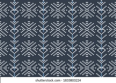 Christmas and Winter holiday knitting pattern for plaid, sweater design. Vector seamless pattern in blue, white colors with snowflakes.