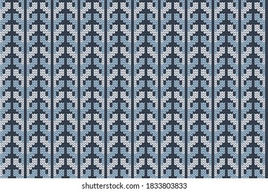 Patrón de tejido de vacaciones navideñas e invernales para el diseño de yeso y suéter. Patrón vectorial sin fisuras en tonos azules y blancos.