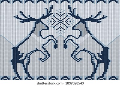 Patrón de tejido navideño e invernal con dos ciervos y copos de nieve. Para el diseño de yeso y suéter. Patrón vectorial sin fisuras en colores azul, gris y blanco.