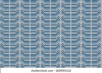 Christmas and Winter holiday knitting pattern for plaid, sweater design. Vector seamless pattern in  gray, blue, white colors.