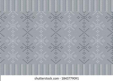 Christmas and Winter holiday knitting pattern for plaid, sweater design. Vector seamless pattern in grey colors with snowflakes.