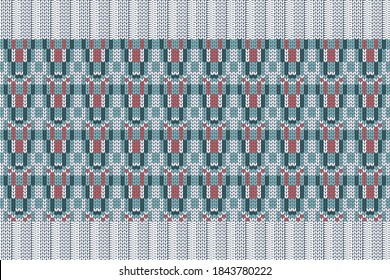 Weihnachts- und Winterferien-Strickmuster für Plaid, Pullover-Design. Vektornahtloses Muster in Weiß, Türkis, Rot mit elastischem Band. Einmaliges und geripptes Stricken.