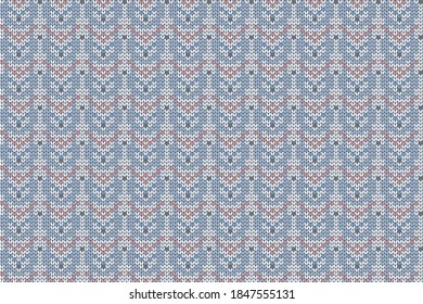 Patrón de tejido de vacaciones navideñas e invernales para el diseño de yeso y suéter. Patrón vectorial sin fisuras en colores azul, rosa y gris.