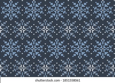 Christmas and Winter holiday knitting pattern for plaid, sweater design. Vector seamless pattern in blue colors with snowflakes.