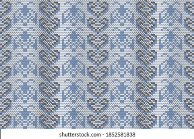 Christmas and Winter holiday knitting pattern for plaid, sweater design. Vector seamless pattern in blue colors.