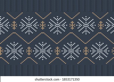 Patrón de tejido de vacaciones navideñas e invernales para el diseño de suéter. Patrón velero en colores azules con copos de nieve.