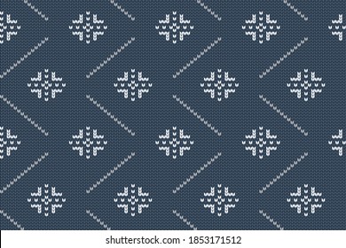 Weihnachts- und Winterferien-Strickmuster für Pullover-Design. Vektornahtloses Muster in blauen Farben mit Schneeflocken.