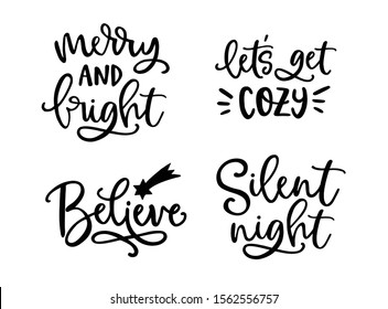 Christmas, winter holiday lettering set.  Hand lettered quotes for greeting cards, gift tags, labels. Typography collection. Vector illustrations, web banners.