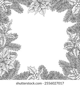 Christmas winter holiday nature frame, hand drawn botanical sketch vintage vector illustration.