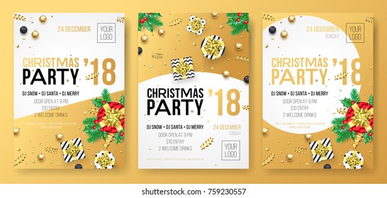 Christmas winter holiday party celebration poster or invitation card of golden decoration and gold gift present. Vector glittering confetti on white background for New Year party design template.