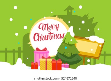 Christmas Winter Holiday Pine Snow Happy New Year Celebration Banner Flat Vector Illustration