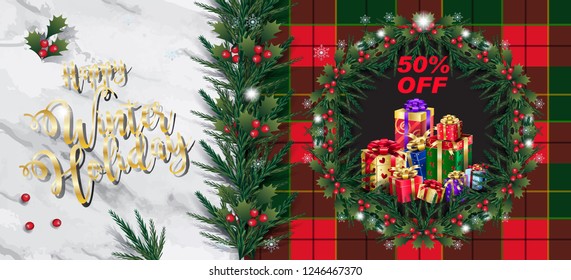 Christmas Winter Holiday Sale card rustic berries, Christmas fir tree wreath garland, gifts symbols Decoration, plaid Scotland ornamental checkered red, green pattern, marble stone background Template