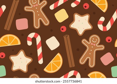 christmas, winter, holiday seamless pattern with hot cocoa ingridients; great for greeting cards wrapping paper, wallpaper- vector illustration