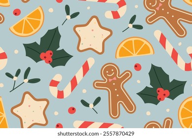 christmas, winter, holiday seamless pattern with gingerbread cookie, candy cane, holly berry, mistletoe and dried orange slices; great for greeting cards wrapping paper, wallpaper- vector illustration