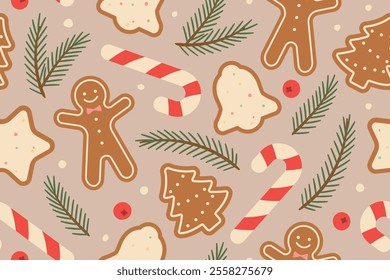 christmas, winter, holiday seamless pattern with gingerbread cookies, candy canes and fir branches; great for greeting cards wrapping paper, wallpaper- vector illustration